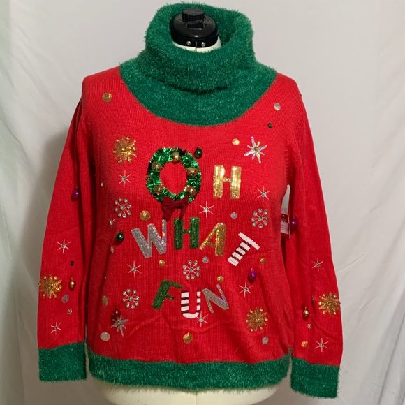 Ugly Christmas Sweater Oh What Fun Bells Sequins Tinsel Snowflake Rhinestone XL - Picture 1 of 4